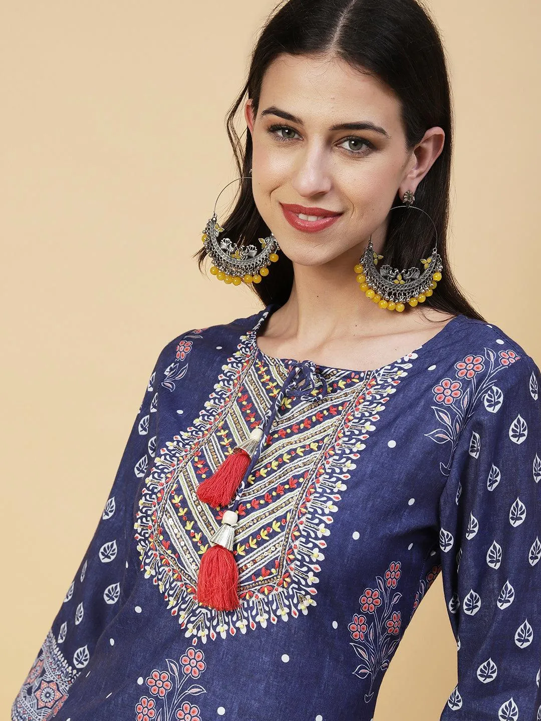 Floral Printed Zari & Resham Embroidered Kurta With Printed Pants & Dupatta - Blue