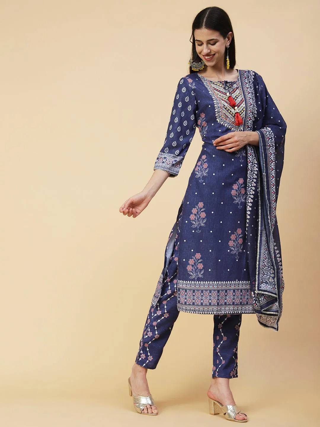 Floral Printed Zari & Resham Embroidered Kurta With Printed Pants & Dupatta - Blue