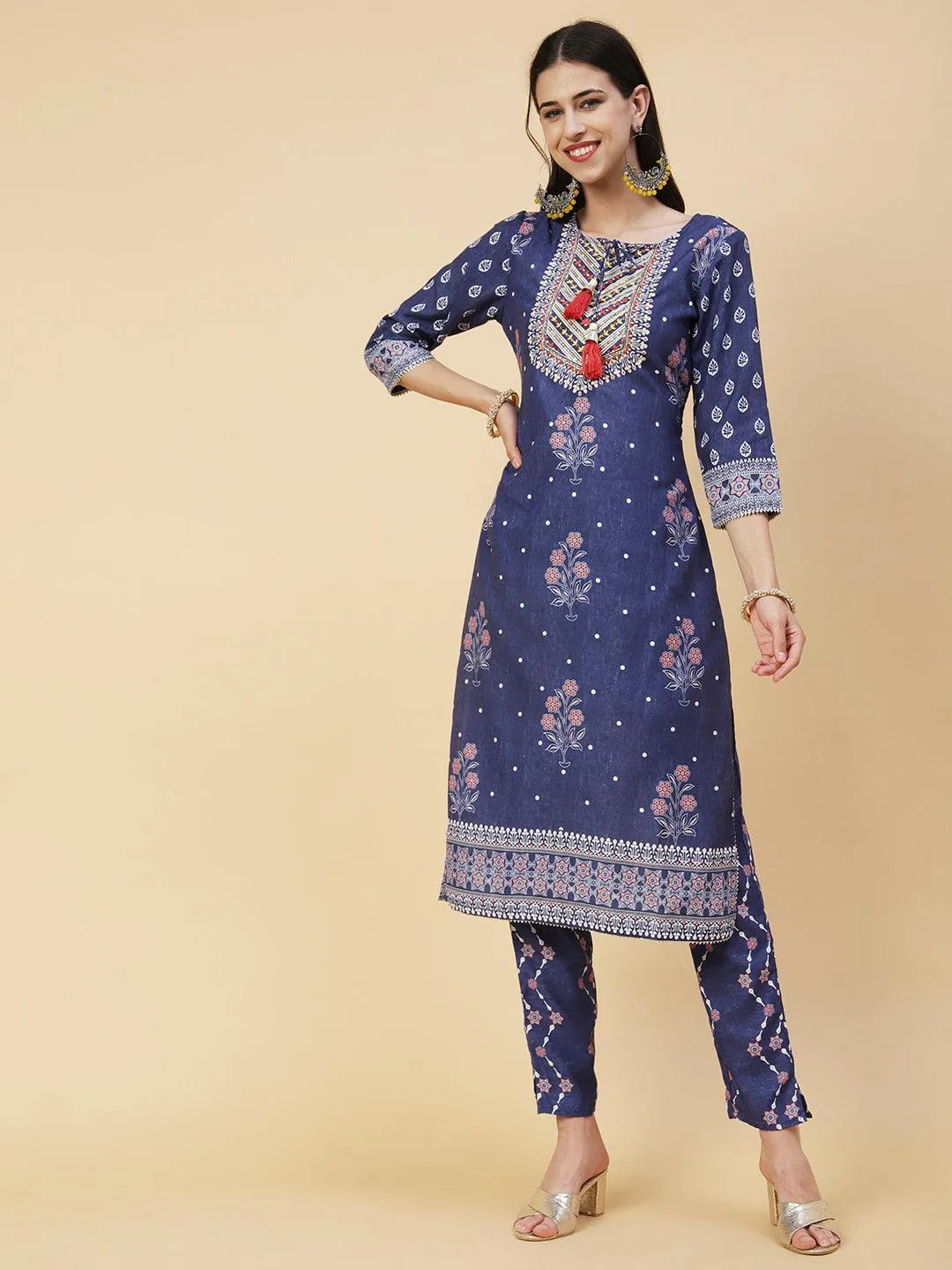 Floral Printed Zari & Resham Embroidered Kurta With Printed Pants & Dupatta - Blue