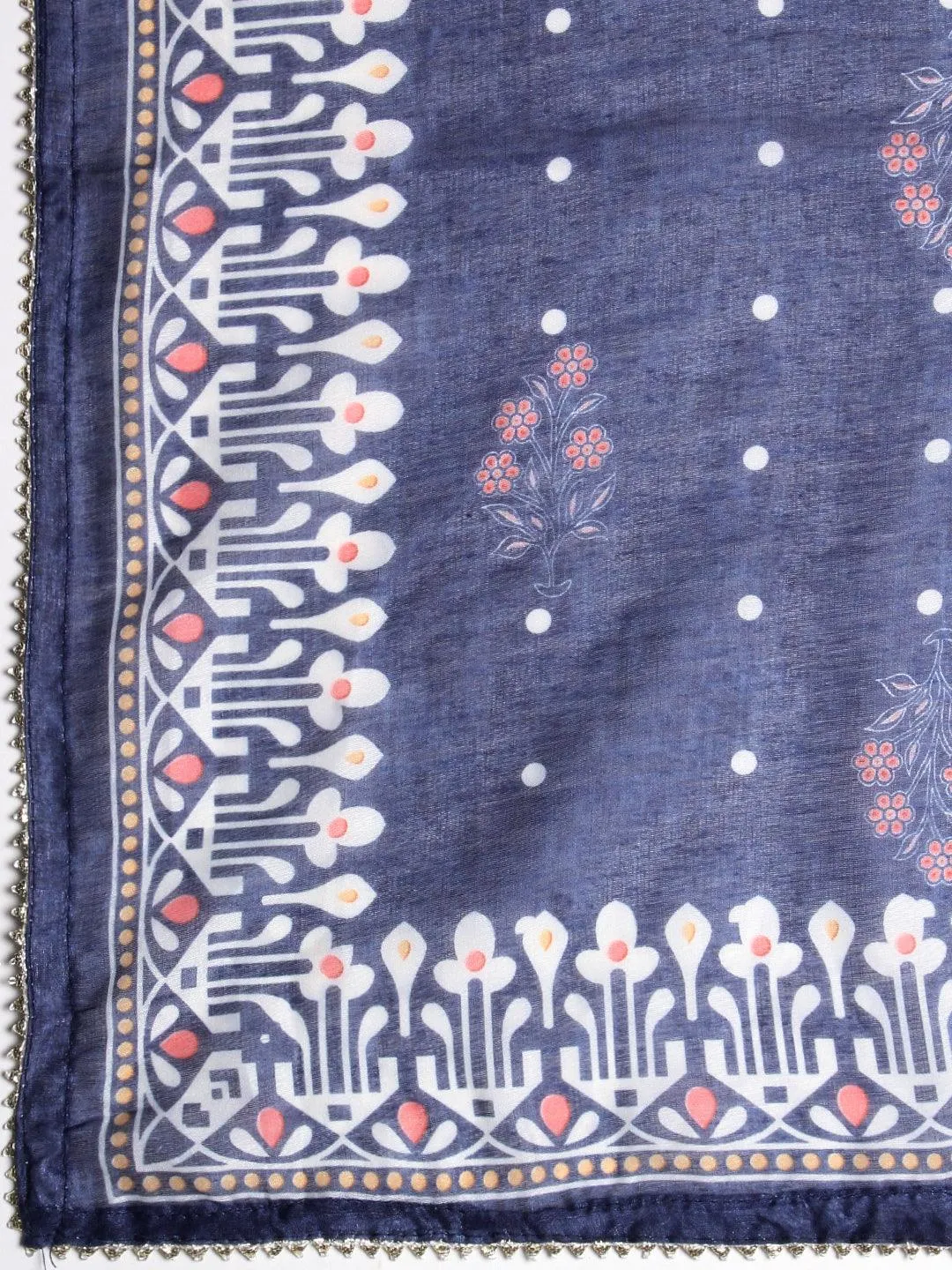 Floral Printed Zari & Resham Embroidered Kurta With Printed Pants & Dupatta - Blue