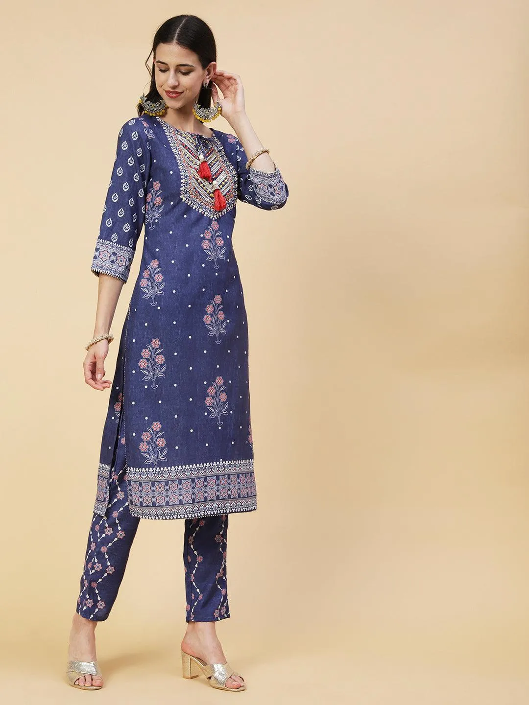 Floral Printed Zari & Resham Embroidered Kurta With Printed Pants & Dupatta - Blue