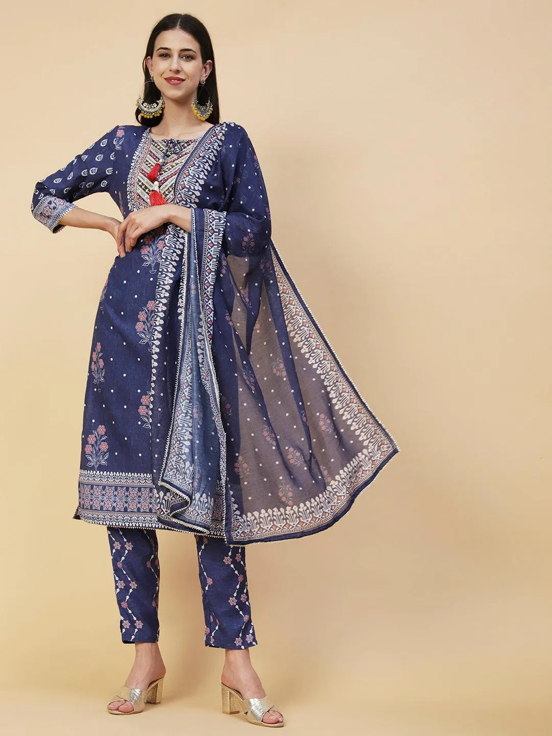 Floral Printed Zari & Resham Embroidered Kurta With Printed Pants & Dupatta - Blue