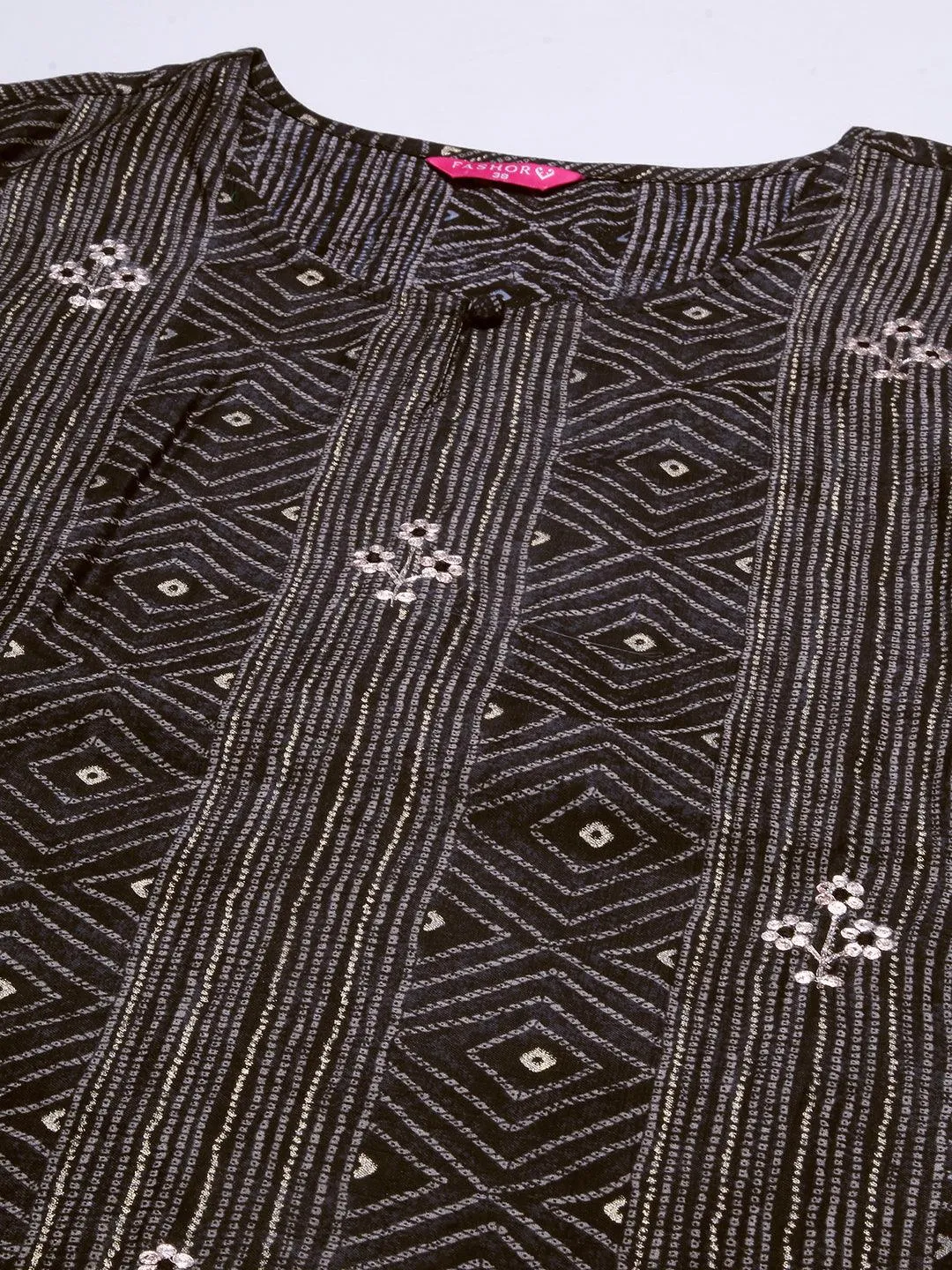 Geometric & Foil Printed Zari Embroidered Kurta With Pants & Dupatta - Charcoal Black