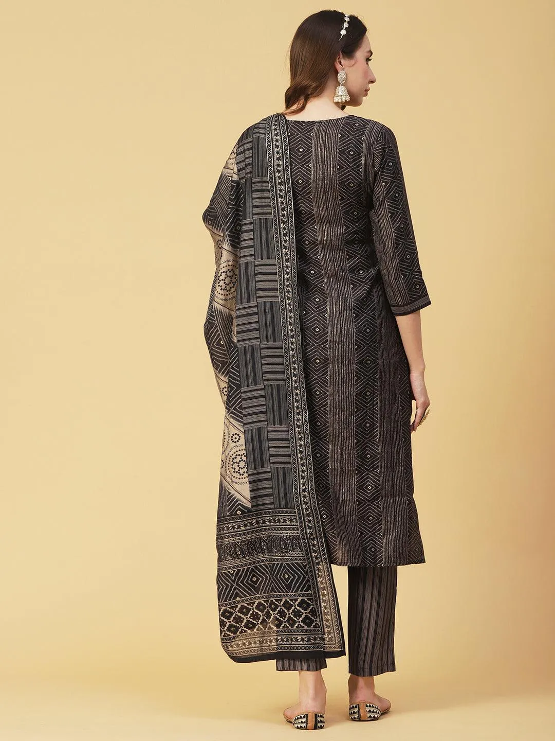 Geometric & Foil Printed Zari Embroidered Kurta With Pants & Dupatta - Charcoal Black