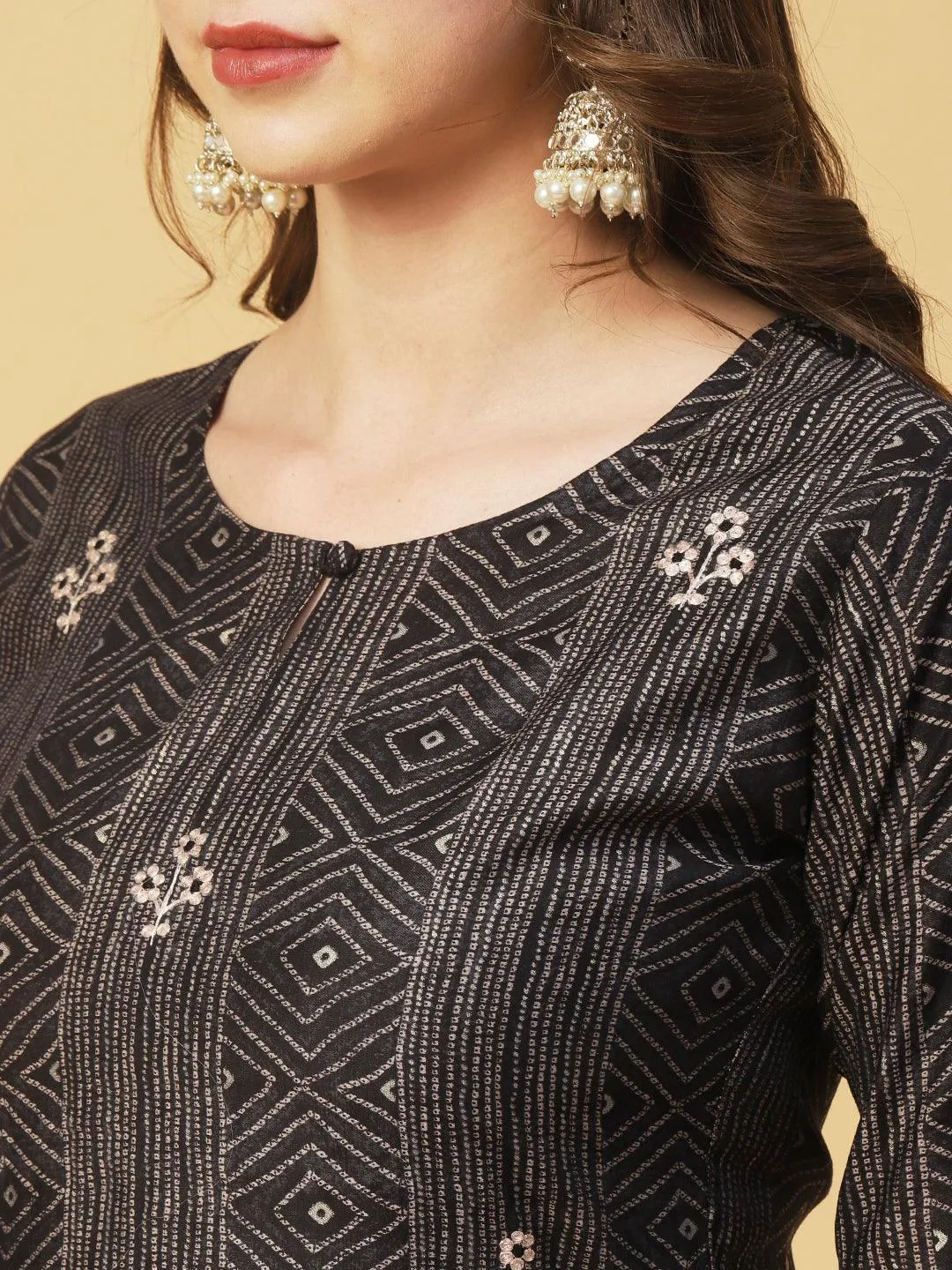 Geometric & Foil Printed Zari Embroidered Kurta With Pants & Dupatta - Charcoal Black