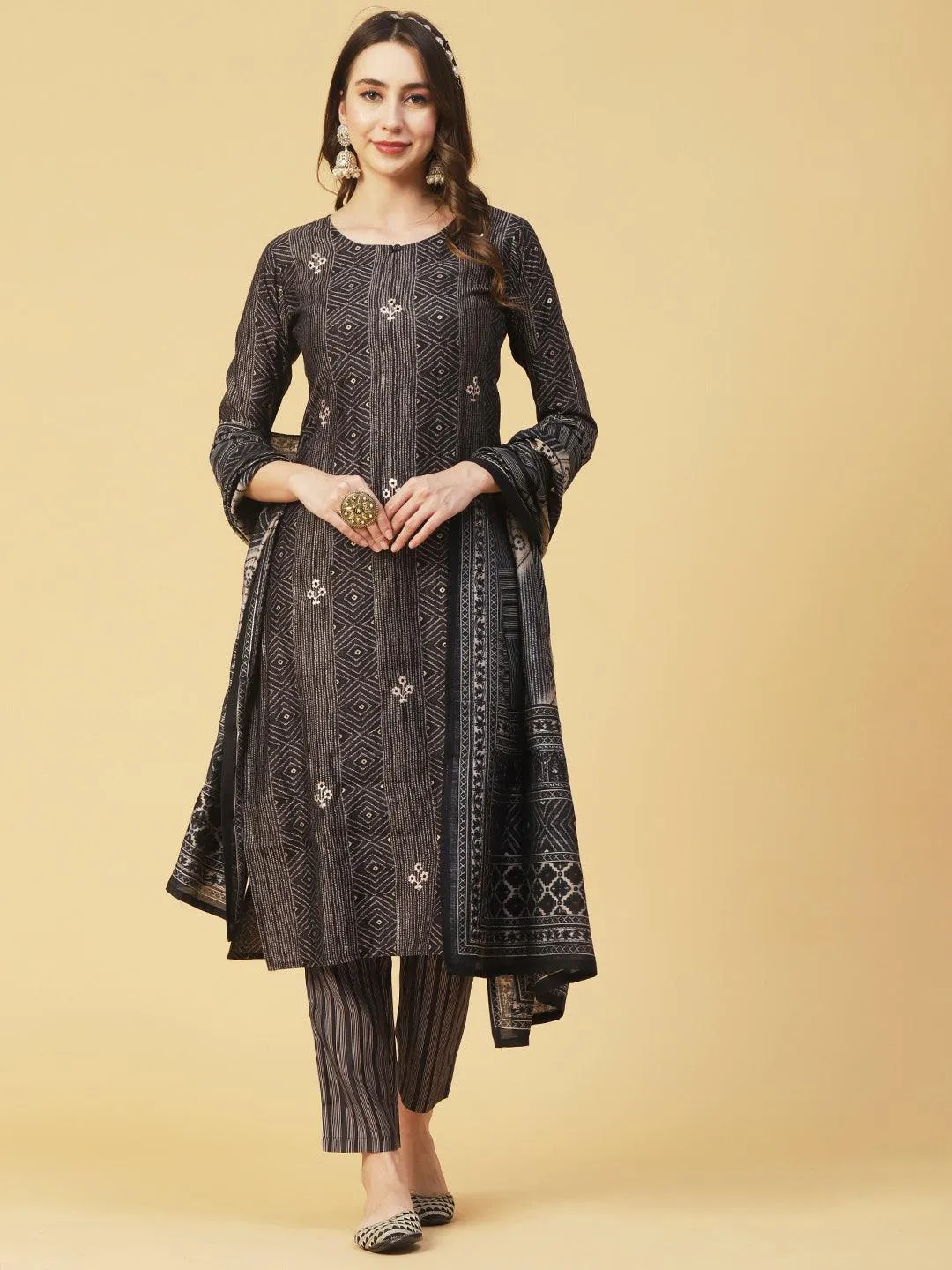 Geometric & Foil Printed Zari Embroidered Kurta With Pants & Dupatta - Charcoal Black