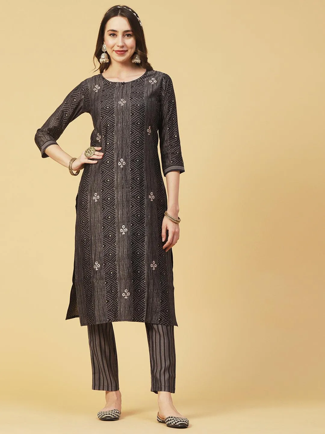 Geometric & Foil Printed Zari Embroidered Kurta With Pants & Dupatta - Charcoal Black