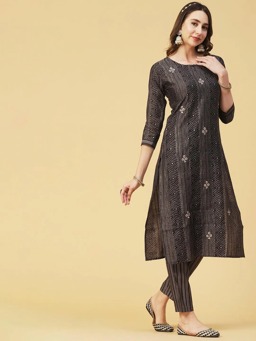 Geometric & Foil Printed Zari Embroidered Kurta With Pants & Dupatta - Charcoal Black