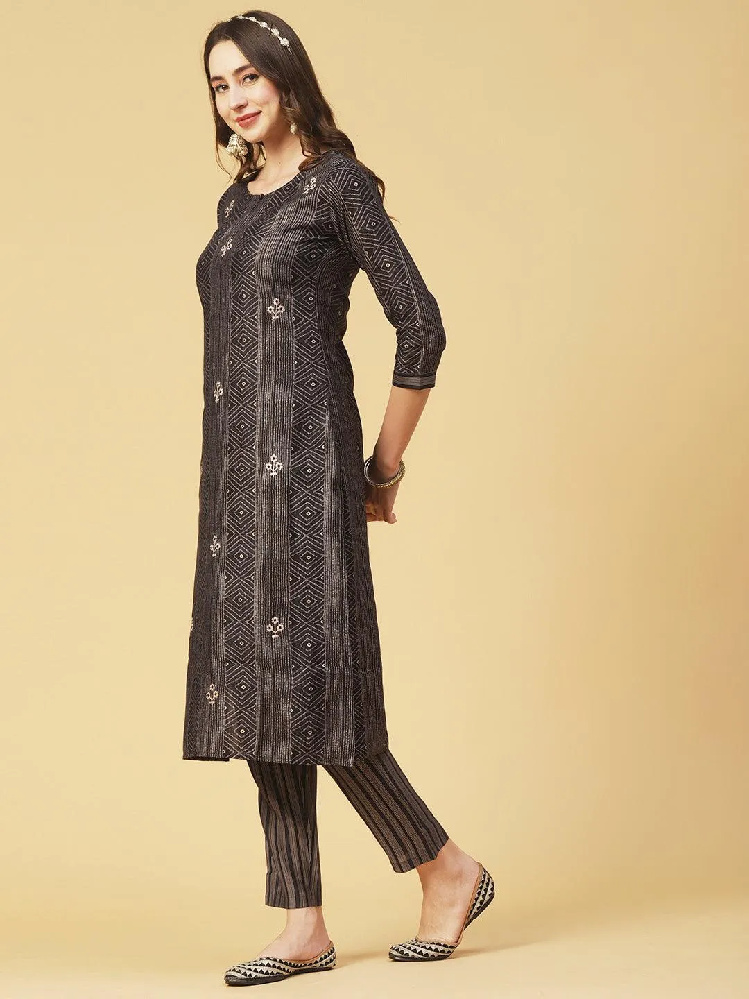 Geometric & Foil Printed Zari Embroidered Kurta With Pants & Dupatta - Charcoal Black