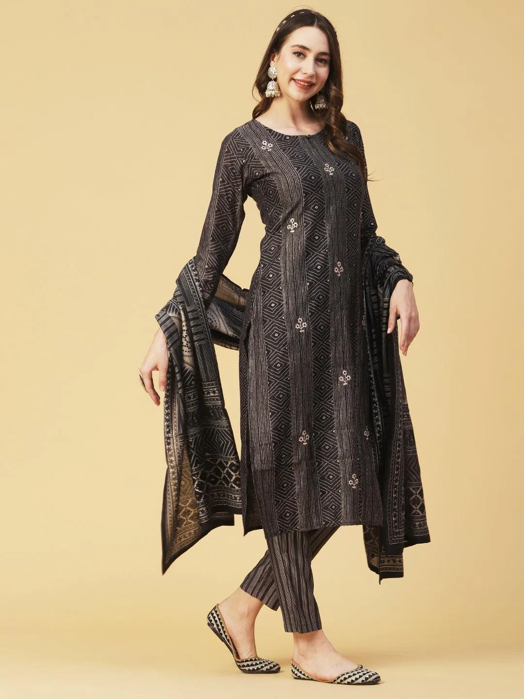 Geometric & Foil Printed Zari Embroidered Kurta With Pants & Dupatta - Charcoal Black