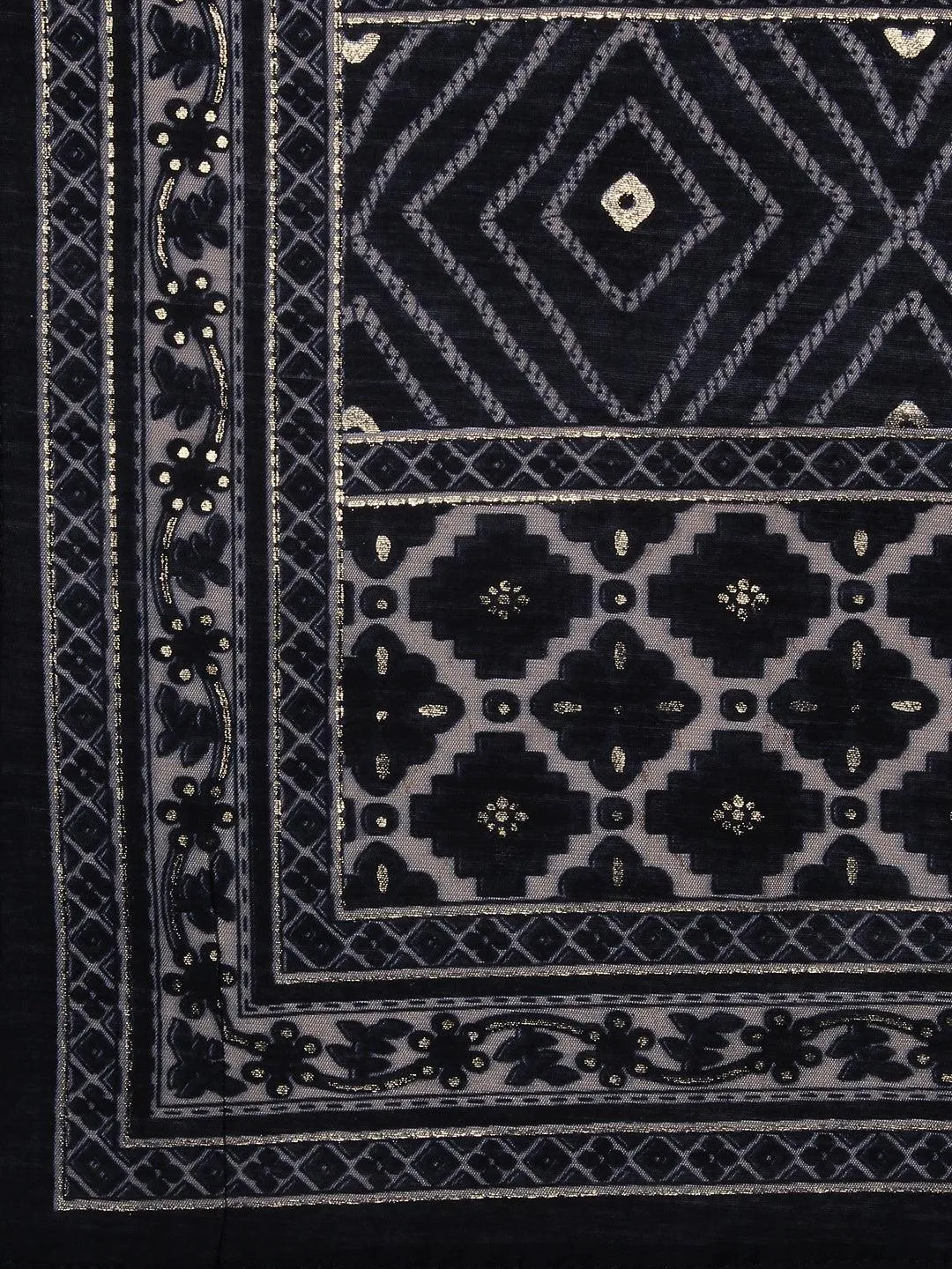 Geometric & Foil Printed Zari Embroidered Kurta With Pants & Dupatta - Charcoal Black