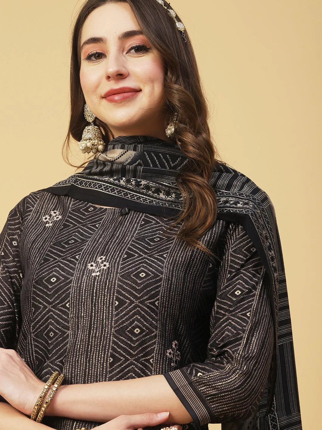 Geometric & Foil Printed Zari Embroidered Kurta With Pants & Dupatta - Charcoal Black