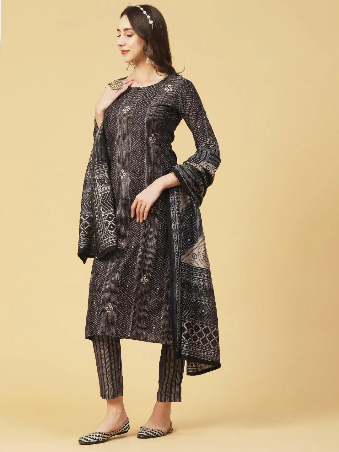 Geometric & Foil Printed Zari Embroidered Kurta With Pants & Dupatta - Charcoal Black