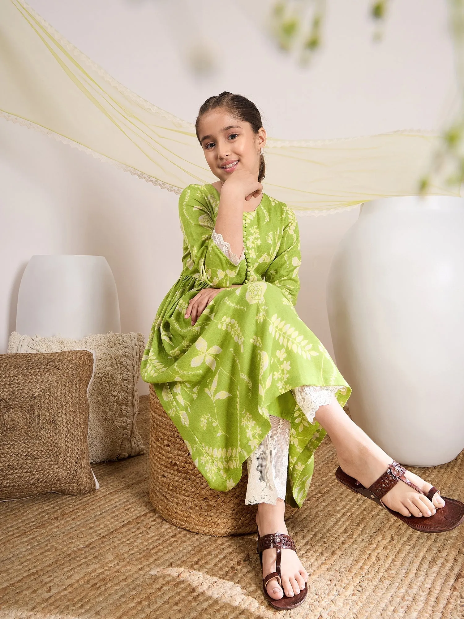 Girls Floral Printed Empire Kurta With Trousers & With Dupatta - PS Peaches