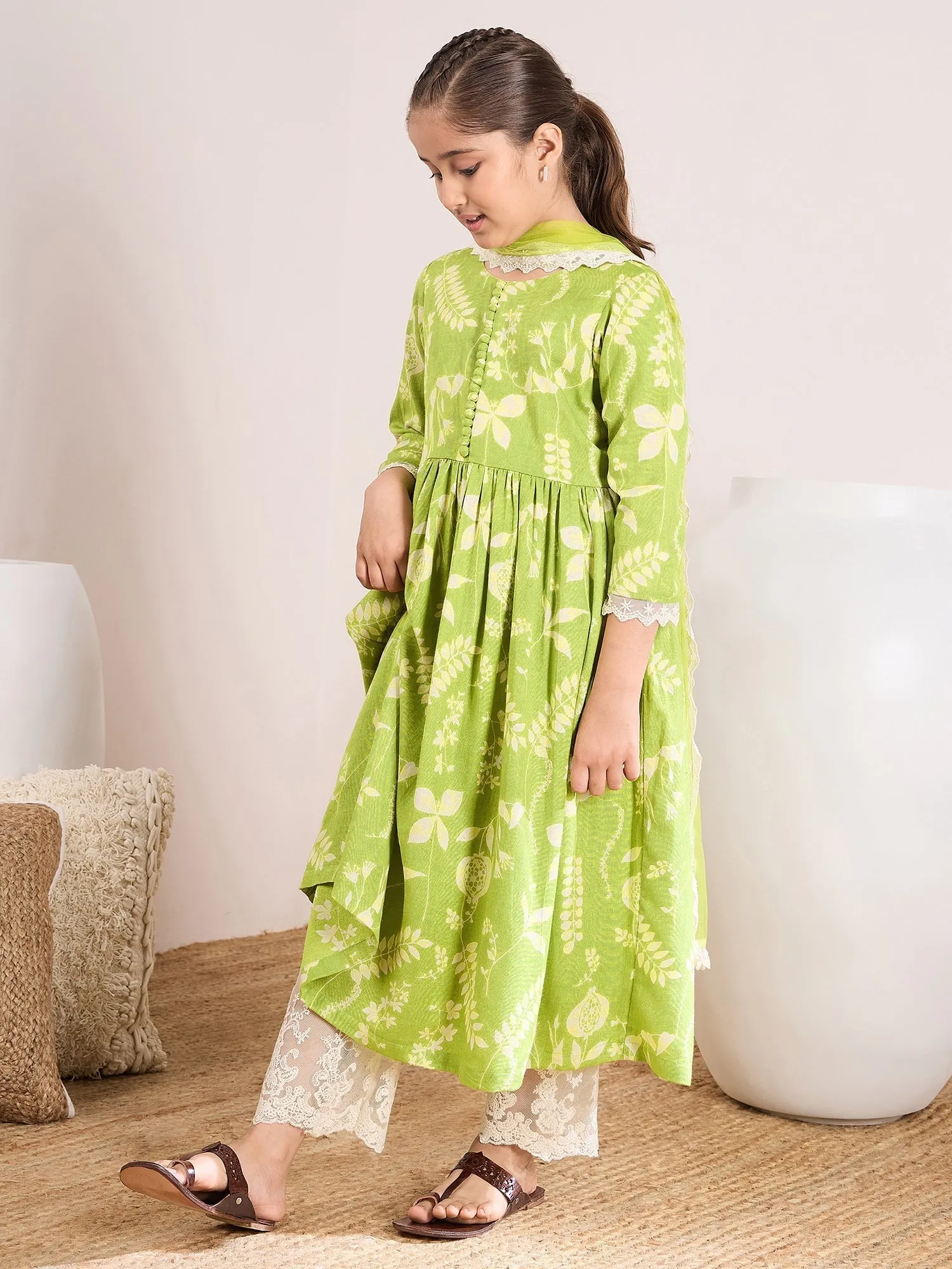 Girls Floral Printed Empire Kurta With Trousers & With Dupatta - PS Peaches