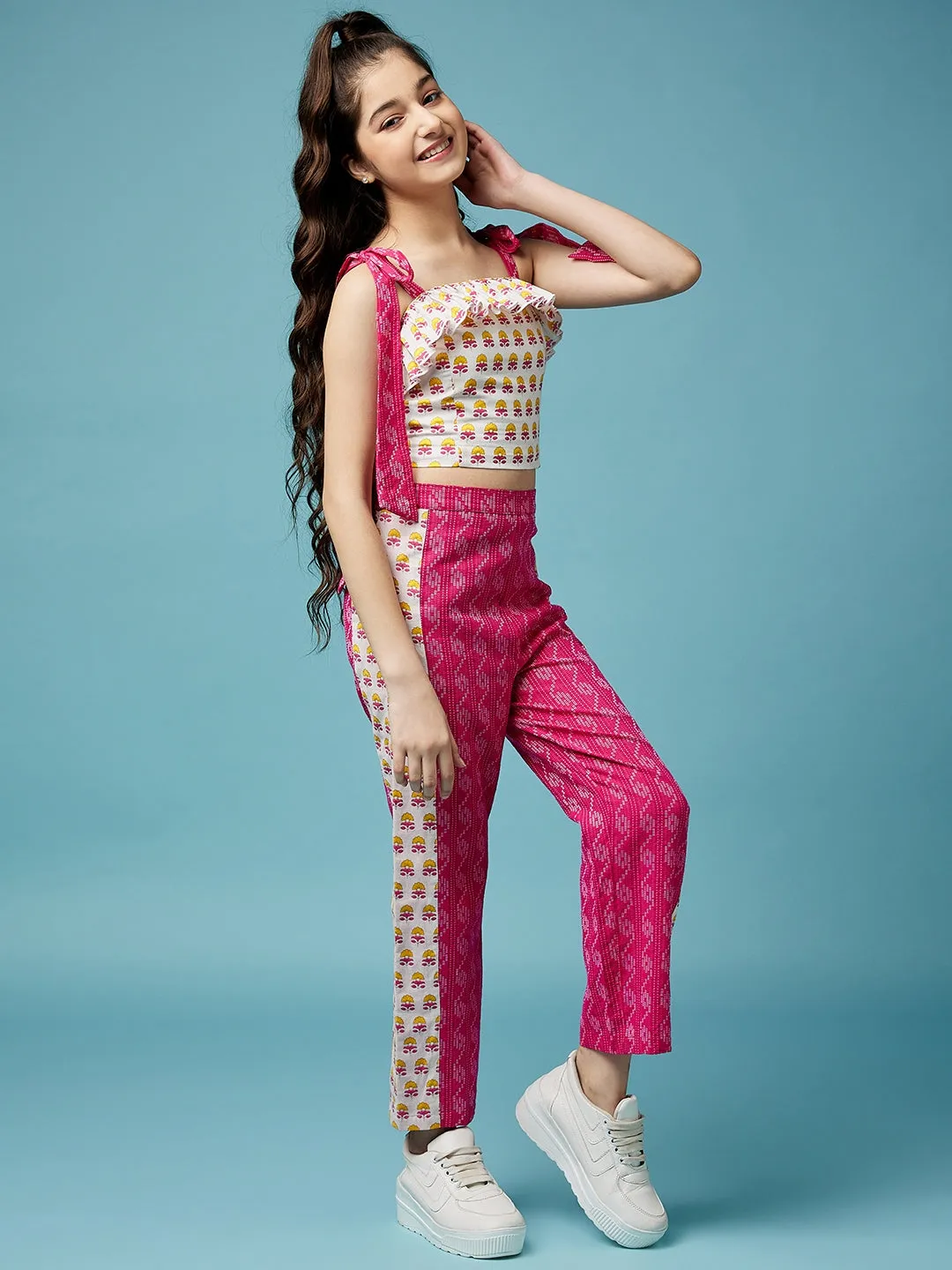 Girls Floral Printed Pure Cotton Top With Trousers