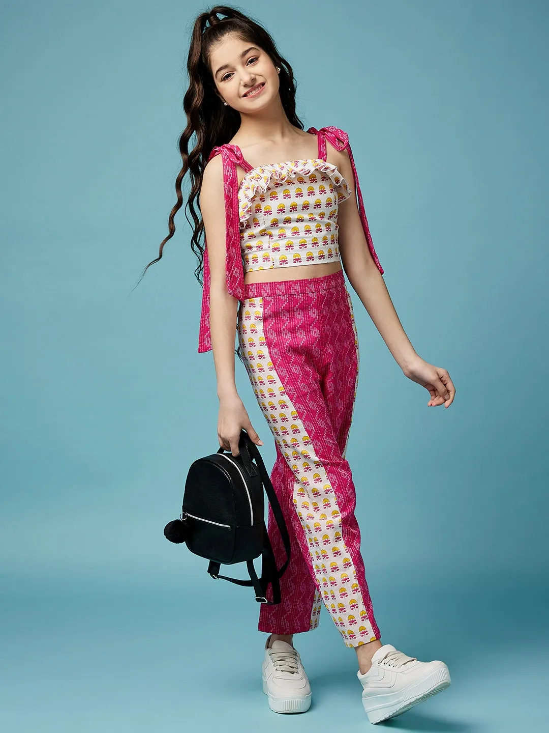 Girls Floral Printed Pure Cotton Top With Trousers