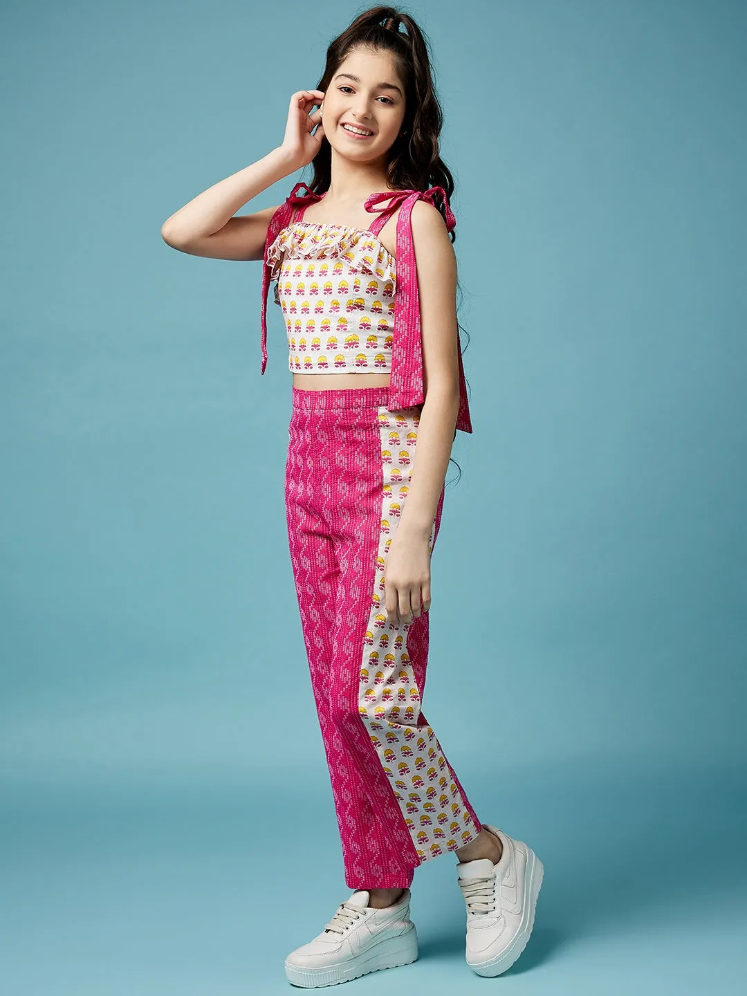 Girls Floral Printed Pure Cotton Top With Trousers