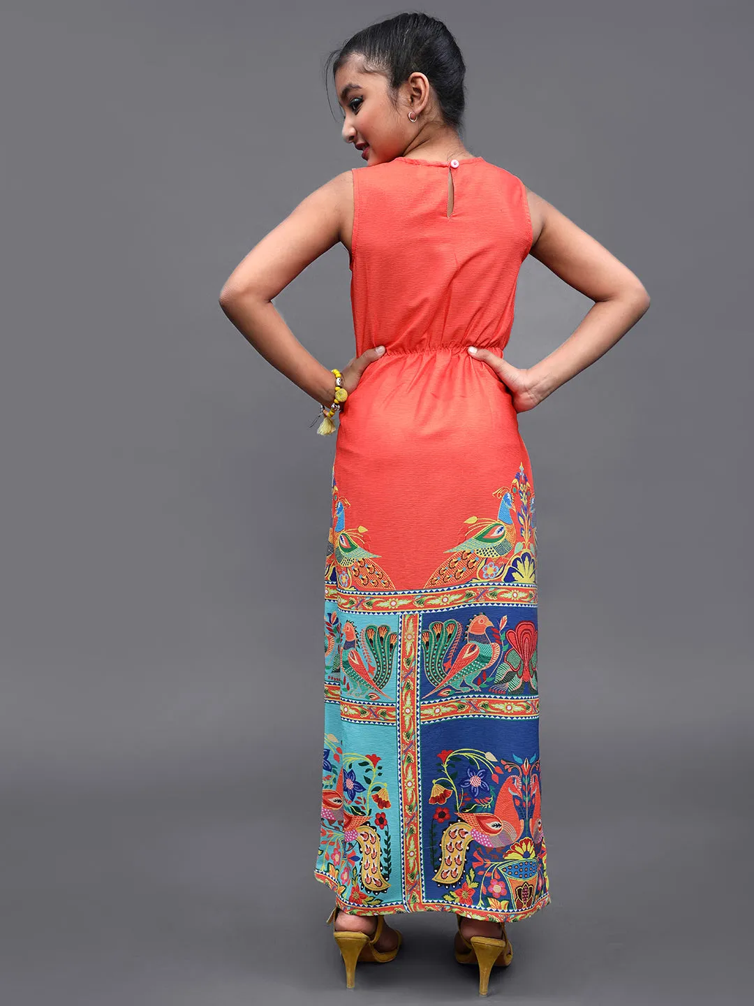 Girl's Orange & Pink Abstrac Printed Maxi Dress - Aks Girls