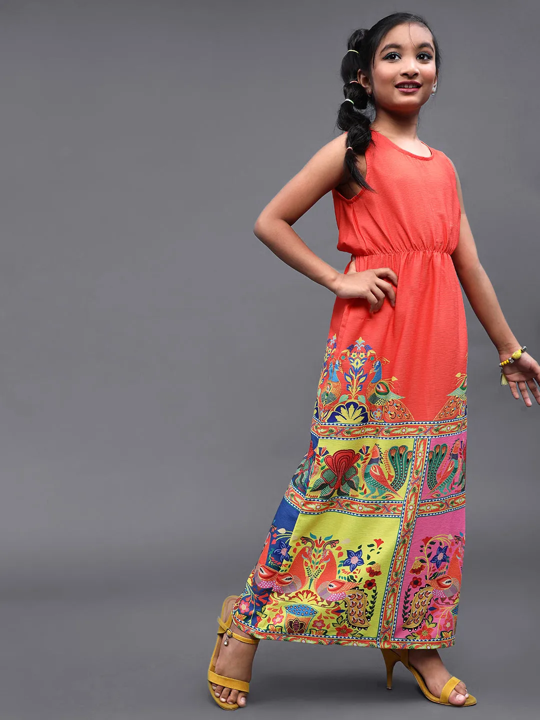 Girl's Orange & Pink Abstrac Printed Maxi Dress - Aks Girls