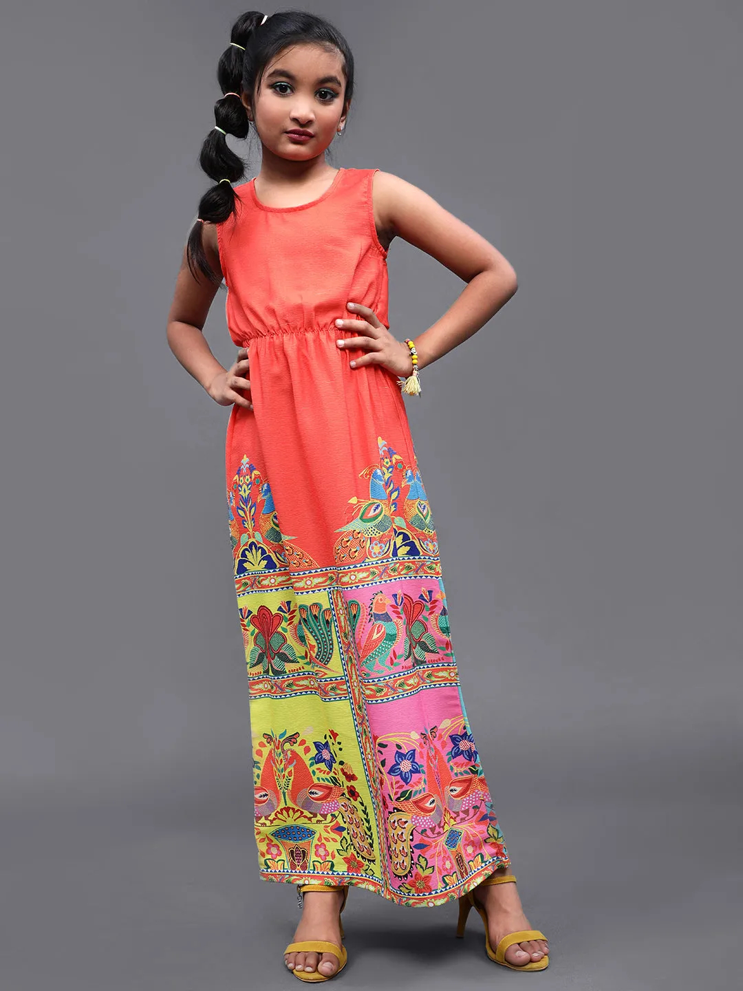 Girl's Orange & Pink Abstrac Printed Maxi Dress - Aks Girls