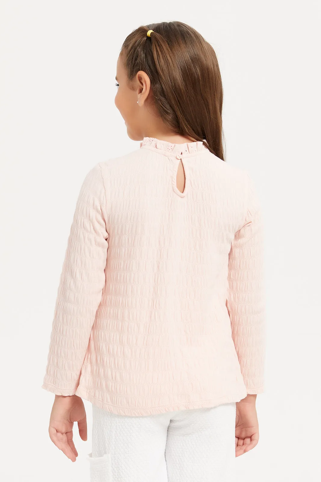 Girls Pink Embellished Long Sleeves Frills Top