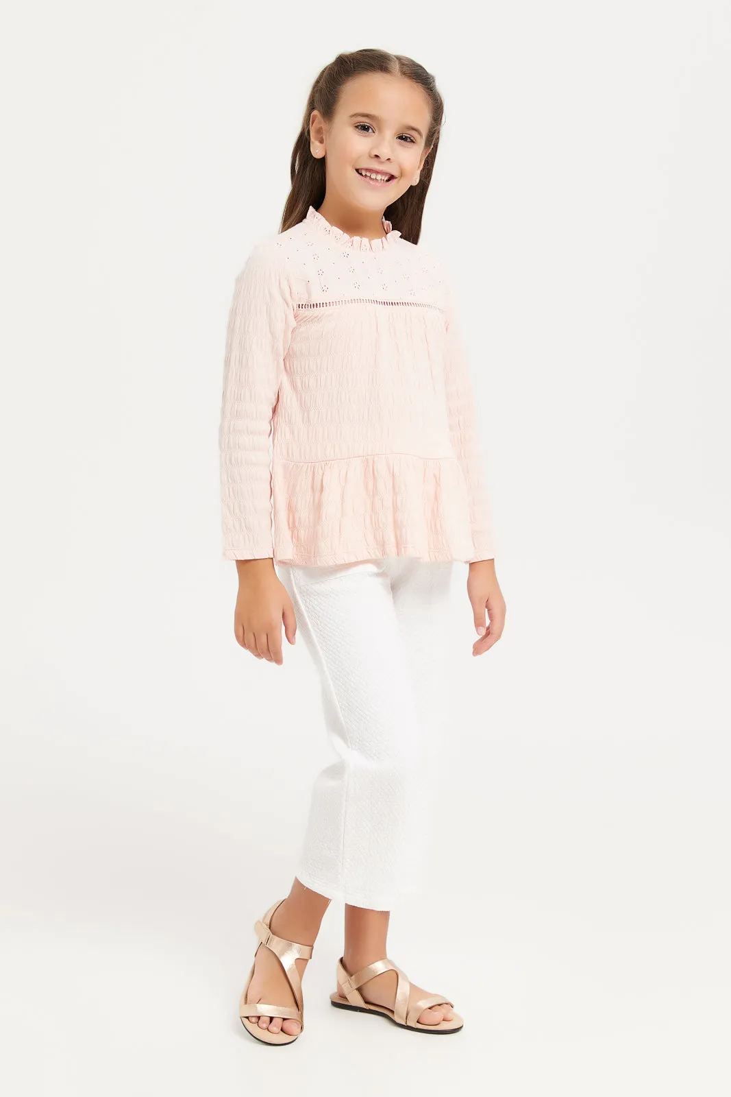 Girls Pink Embellished Long Sleeves Frills Top