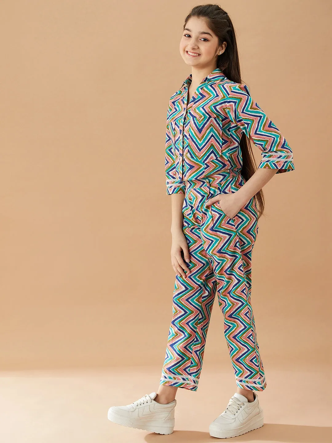 Girls Printed Pure Cotton Shirt With Trousers - Ps Peaches