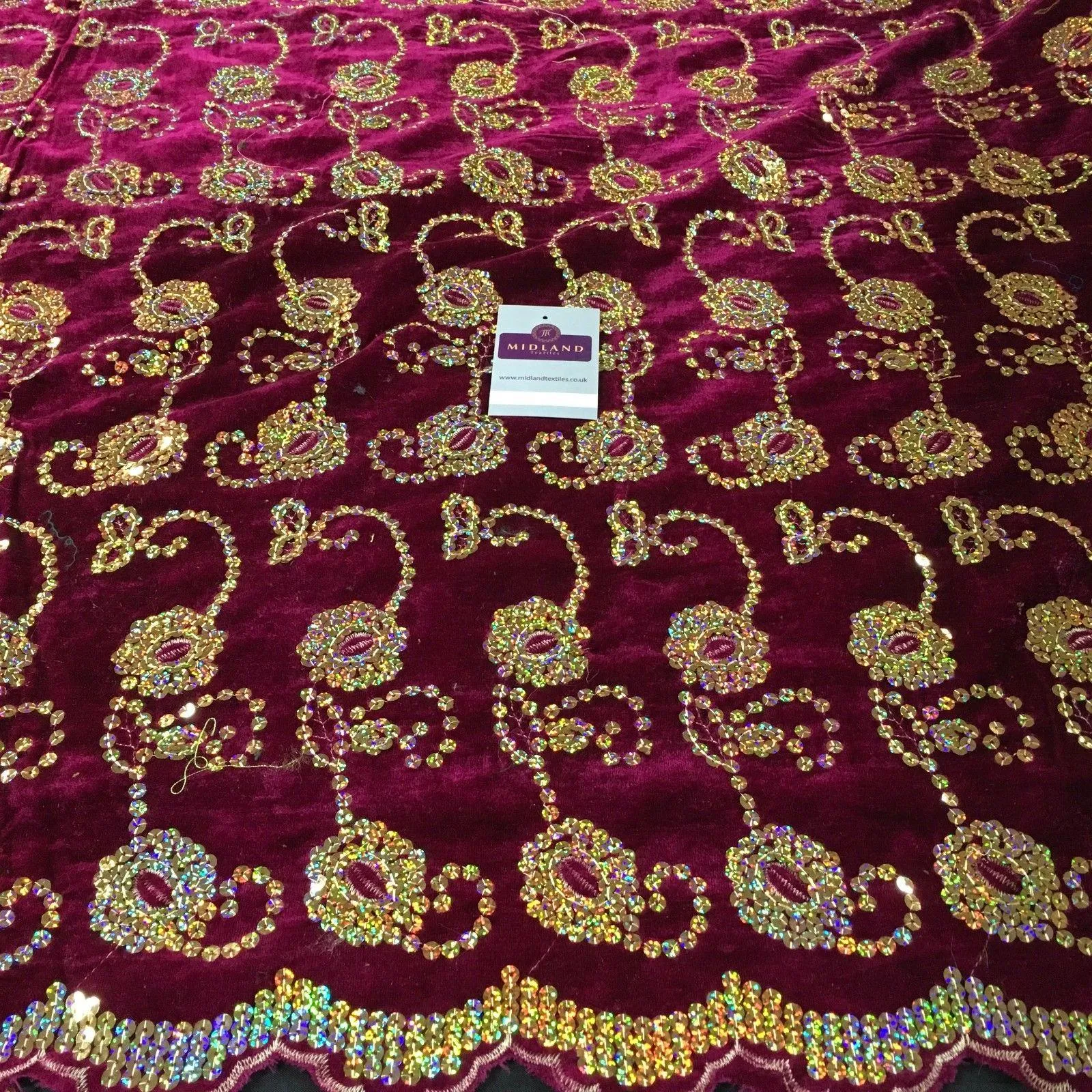 Gold Sequin Embellished Scalloped edge Micro Velvet 40" Wide  M47 Mtex