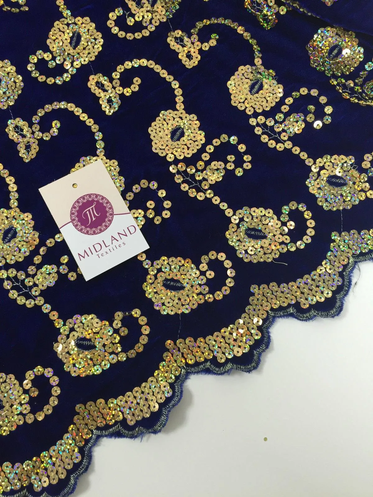 Gold Sequin Embellished Scalloped edge Micro Velvet 40" Wide  M47 Mtex