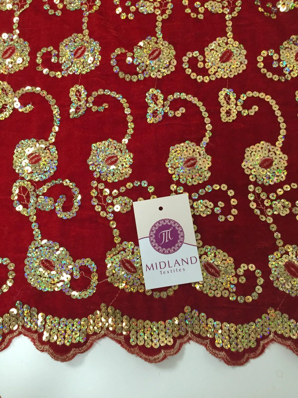 Gold Sequin Embellished Scalloped edge Micro Velvet 40" Wide  M47 Mtex
