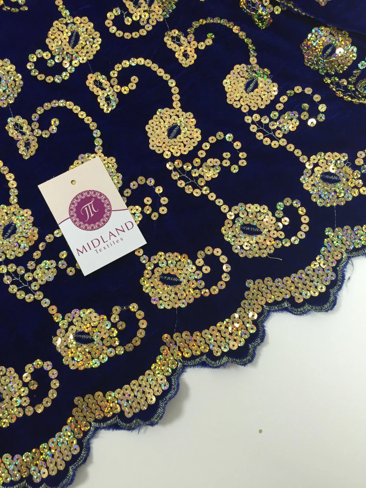 Gold Sequin Embellished Scalloped edge Micro Velvet 40" Wide  M47 Mtex