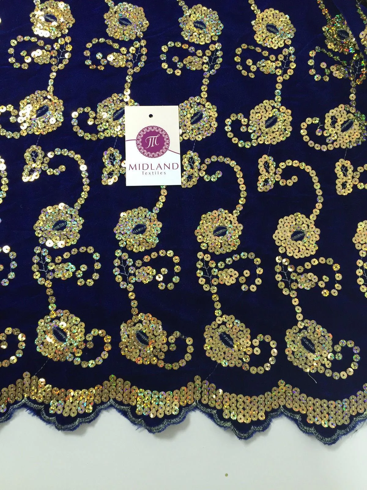 Gold Sequin Embellished Scalloped edge Micro Velvet 40" Wide  M47 Mtex