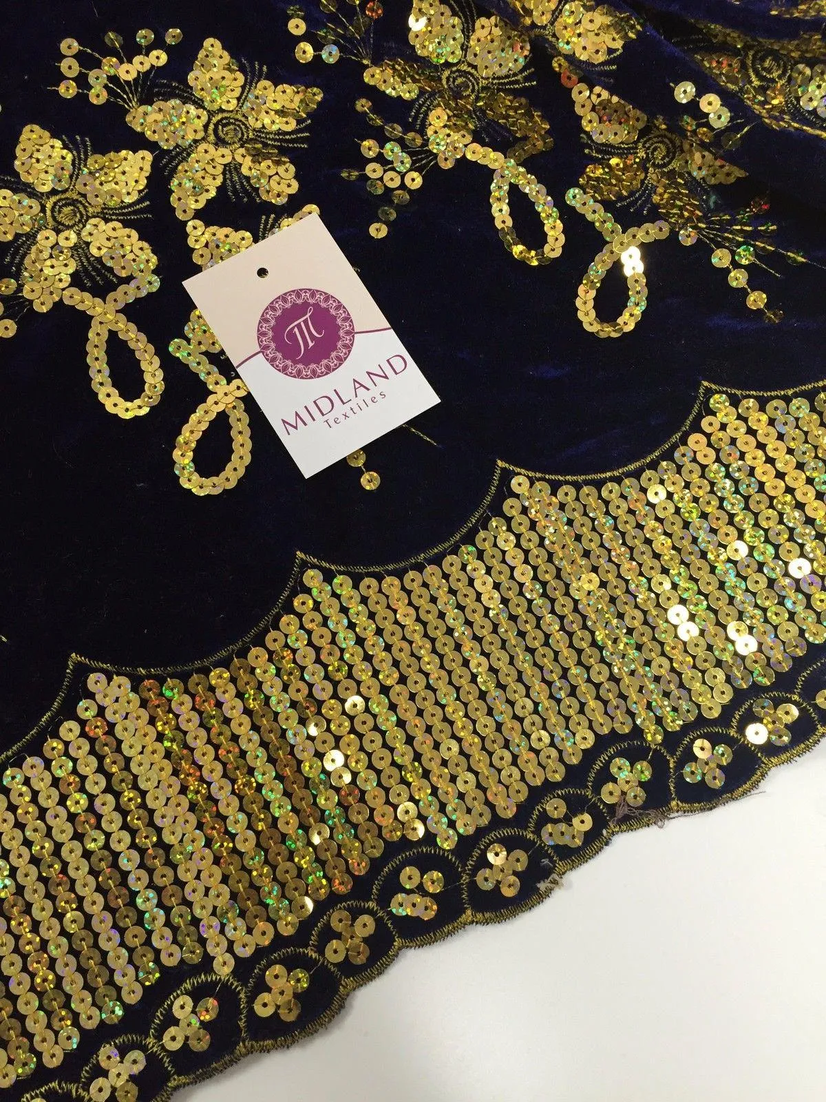 Gold Sequin Embellished Scalloped edge Micro Velvet 40" Wide  M47 Mtex