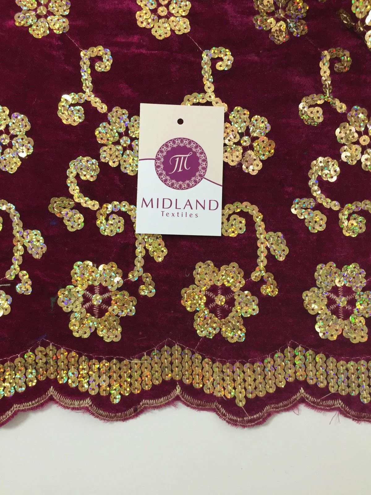 Gold Sequin Embellished Scalloped edge Micro Velvet 40" Wide  M47 Mtex