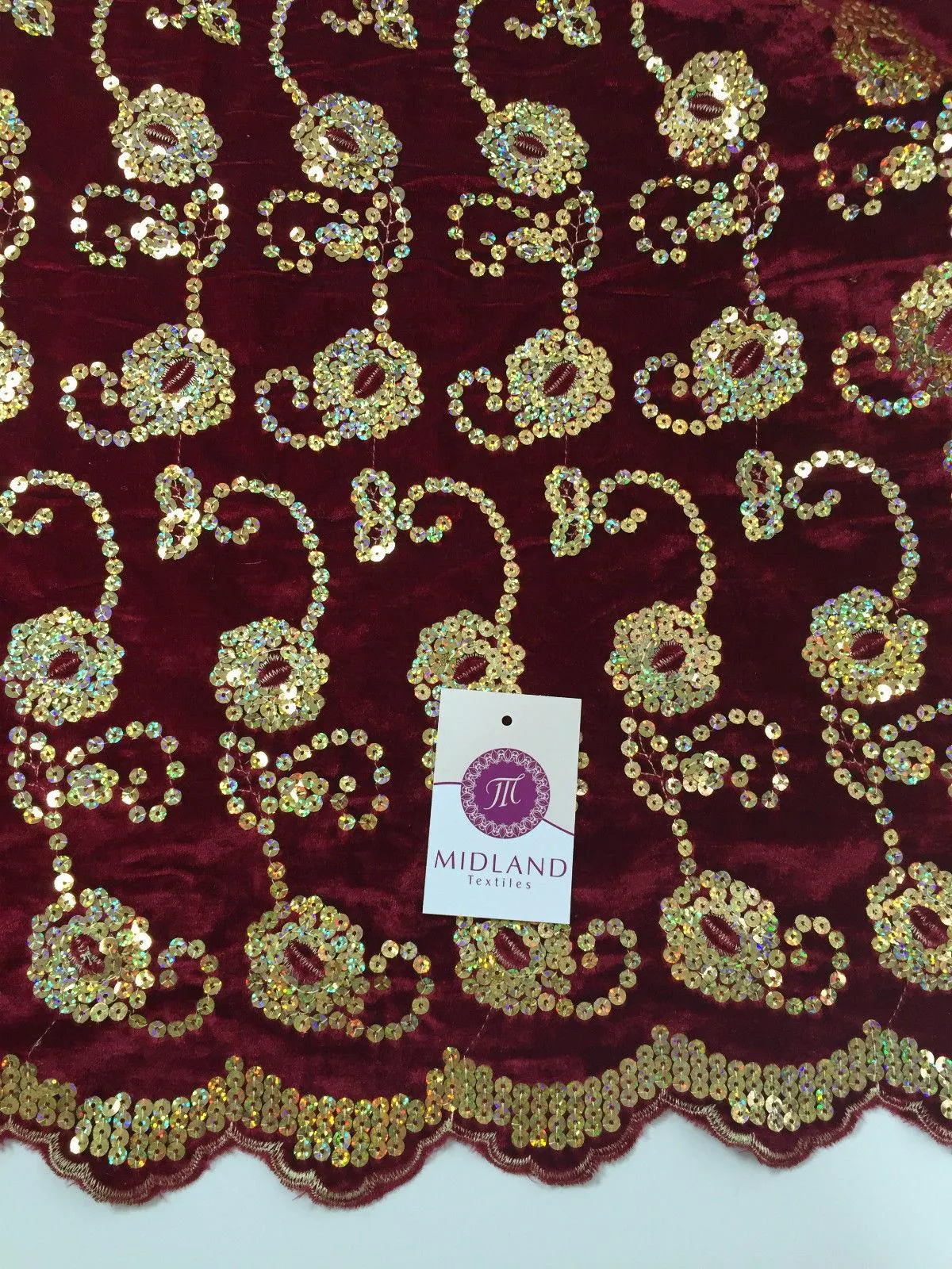 Gold Sequin Embellished Scalloped edge Micro Velvet 40" Wide  M47 Mtex