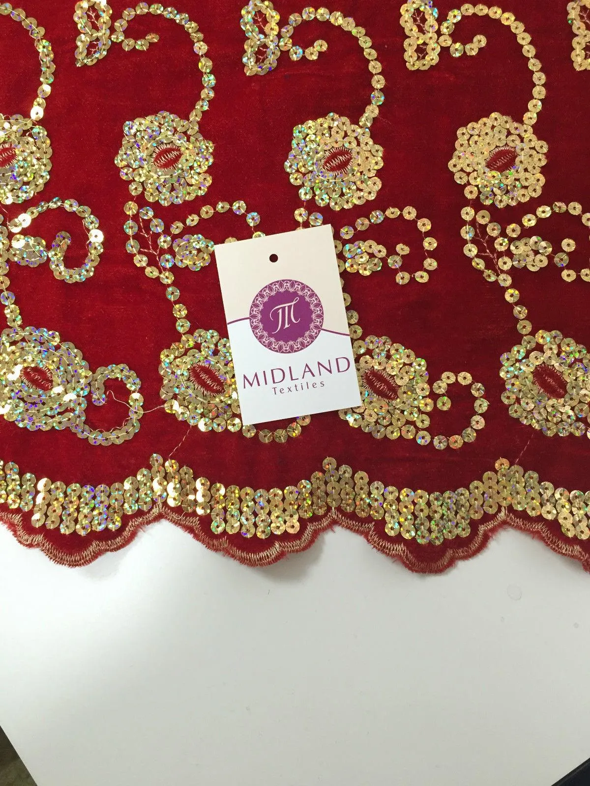 Gold Sequin Embellished Scalloped edge Micro Velvet 40" Wide  M47 Mtex