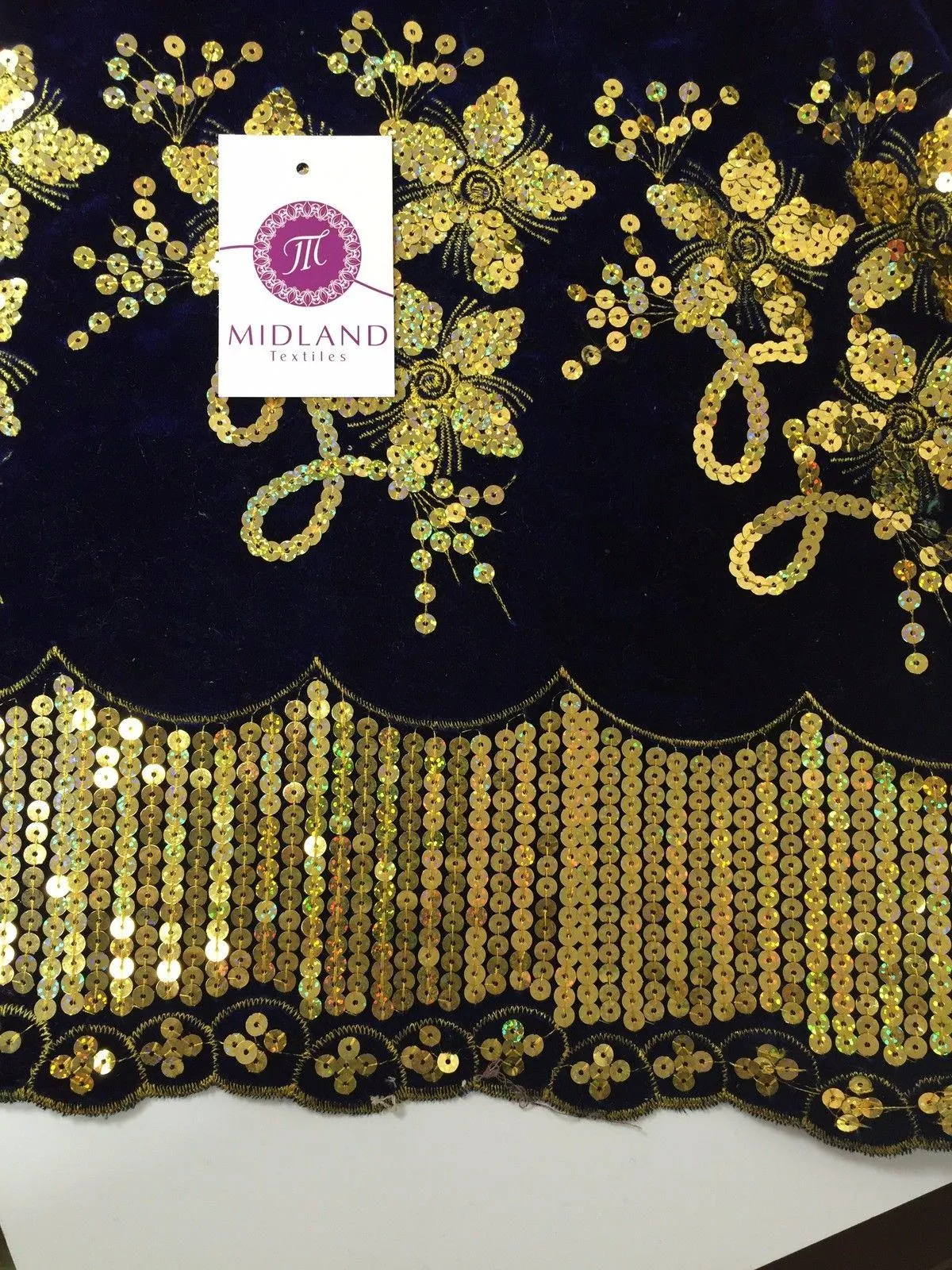 Gold Sequin Embellished Scalloped edge Micro Velvet 40" Wide  M47 Mtex