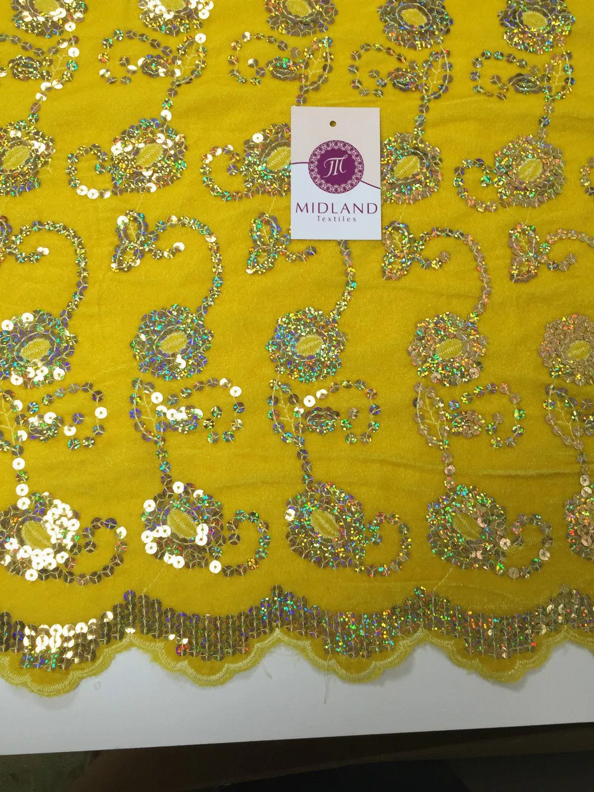 Gold Sequin Embellished Scalloped edge Micro Velvet 40" Wide  M47 Mtex