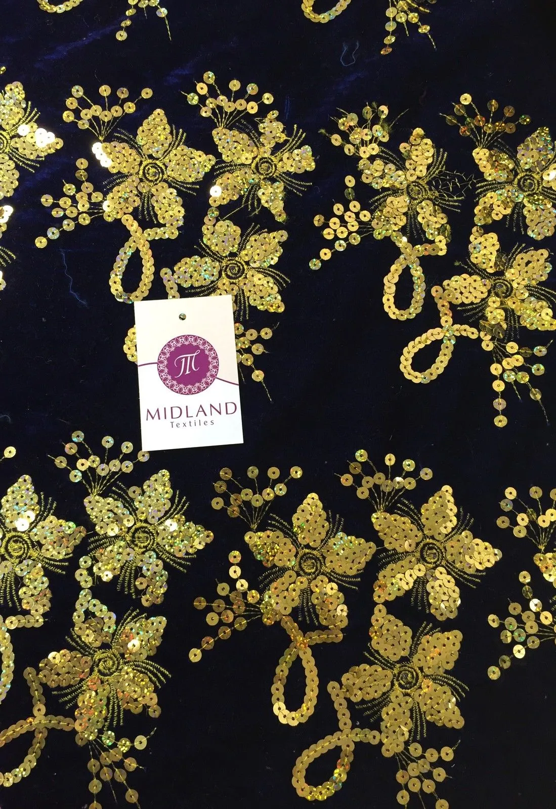 Gold Sequin Embellished Scalloped edge Micro Velvet 40" Wide  M47 Mtex