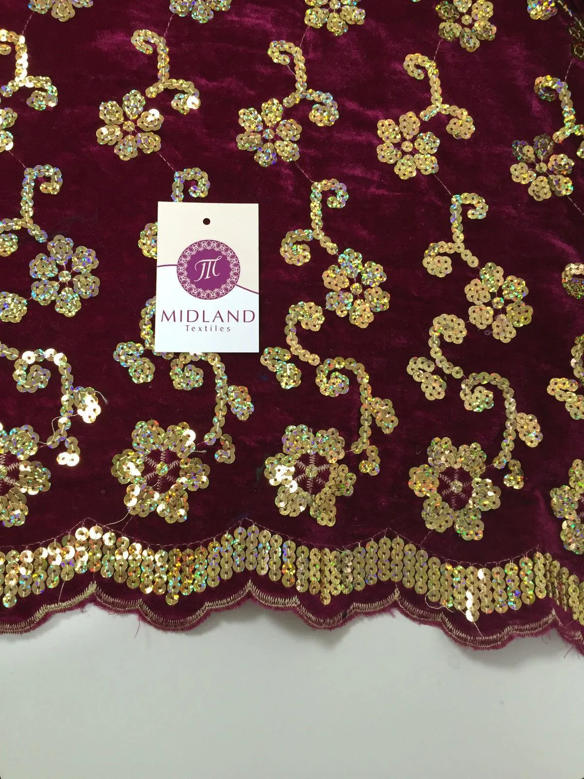 Gold Sequin Embellished Scalloped edge Micro Velvet 40" Wide  M47 Mtex