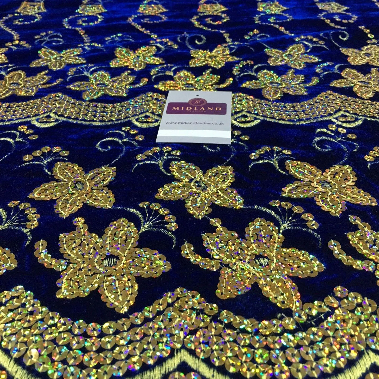 Gold Sequin Embellished Scalloped edge Micro Velvet 40" Wide  M47 Mtex