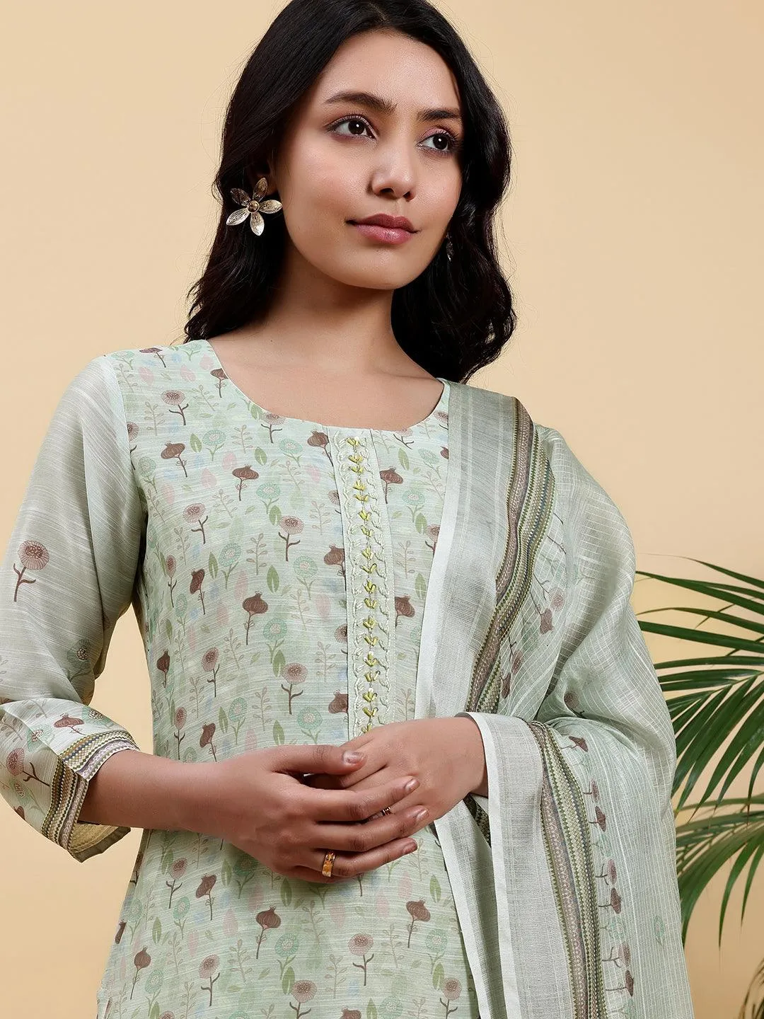 Green Printed Chanderi Silk Pakistani Suit