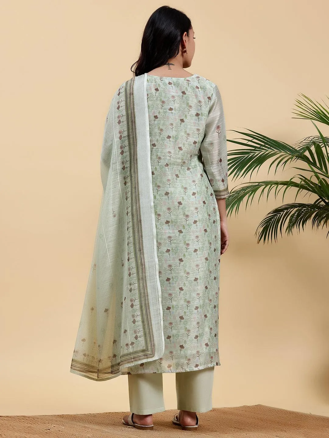 Green Printed Chanderi Silk Pakistani Suit