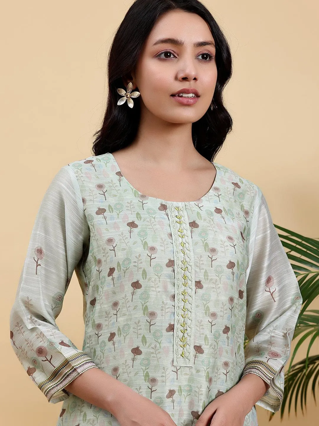 Green Printed Chanderi Silk Pakistani Suit