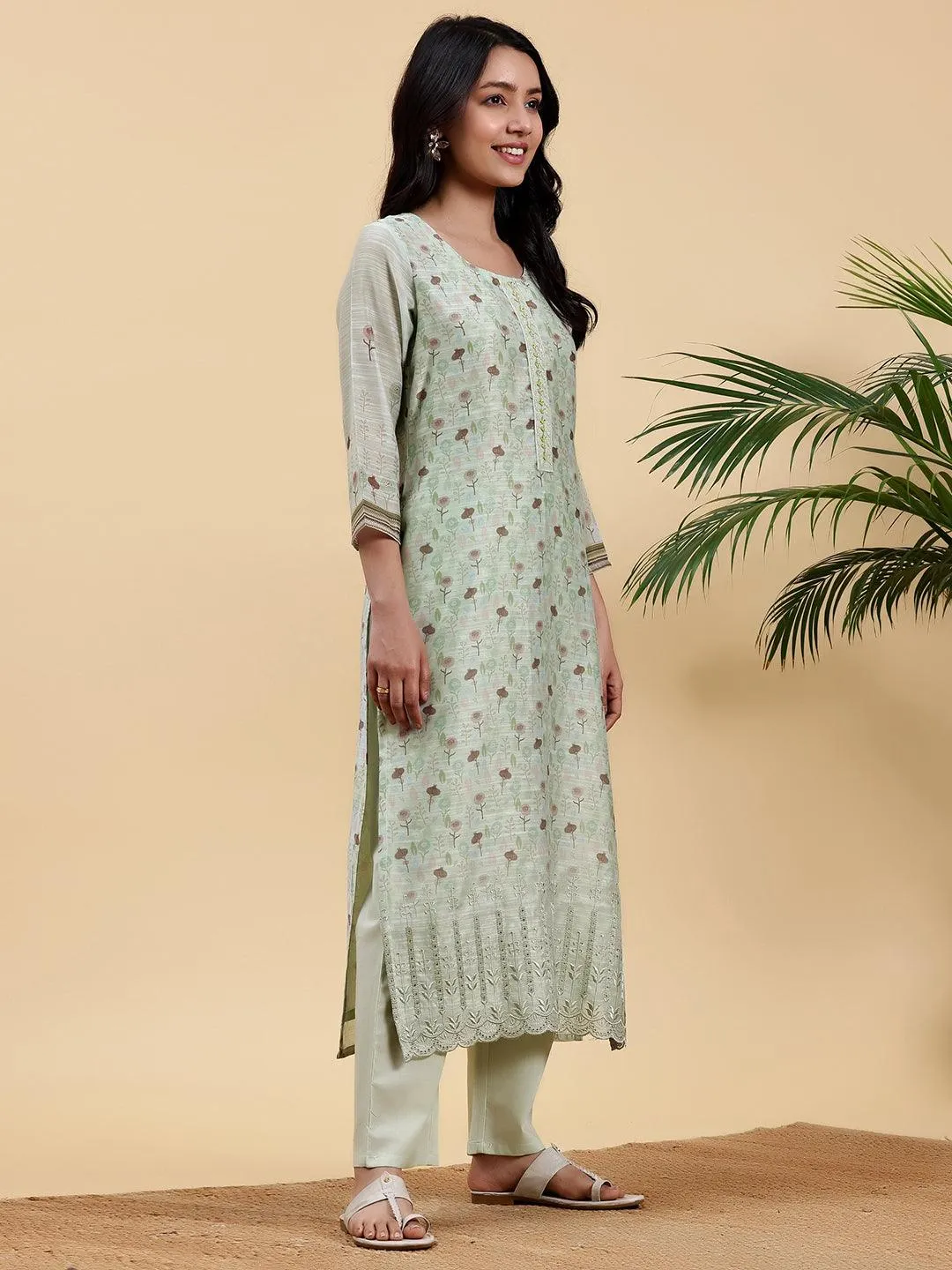 Green Printed Chanderi Silk Pakistani Suit