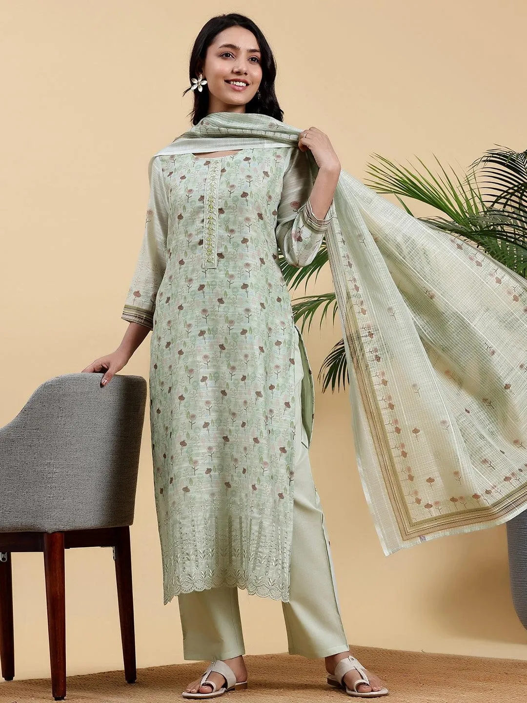 Green Printed Chanderi Silk Pakistani Suit