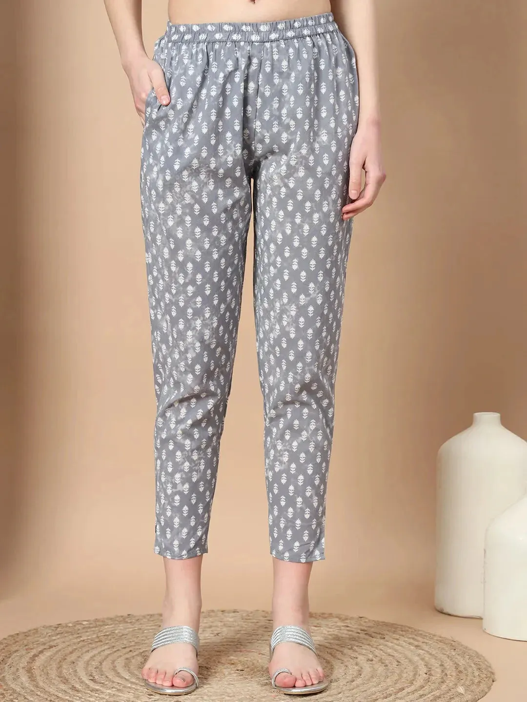 Grey Floral,Thread_Work Straight Kurta Trouser And Dupatta Set