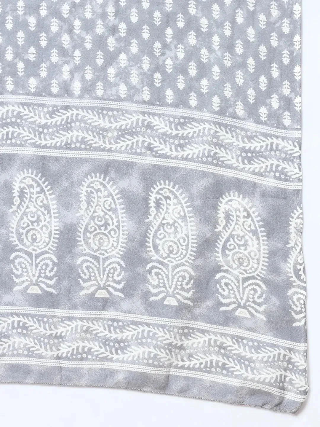 Grey Floral,Thread_Work Straight Kurta Trouser And Dupatta Set