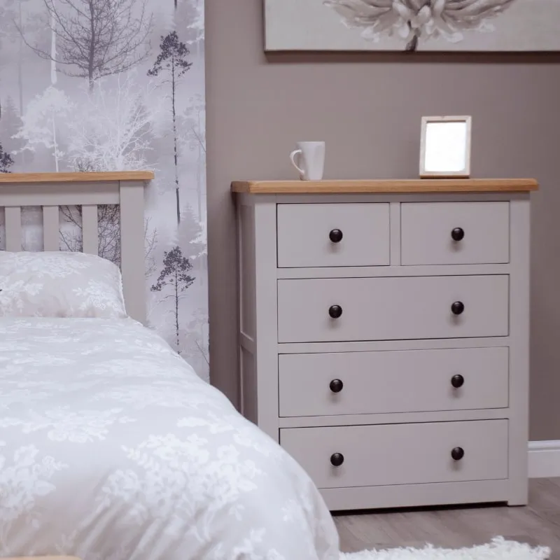 Grey Painted 2 Over 3 Chest of Drawers w/ Lacquered Oak Top